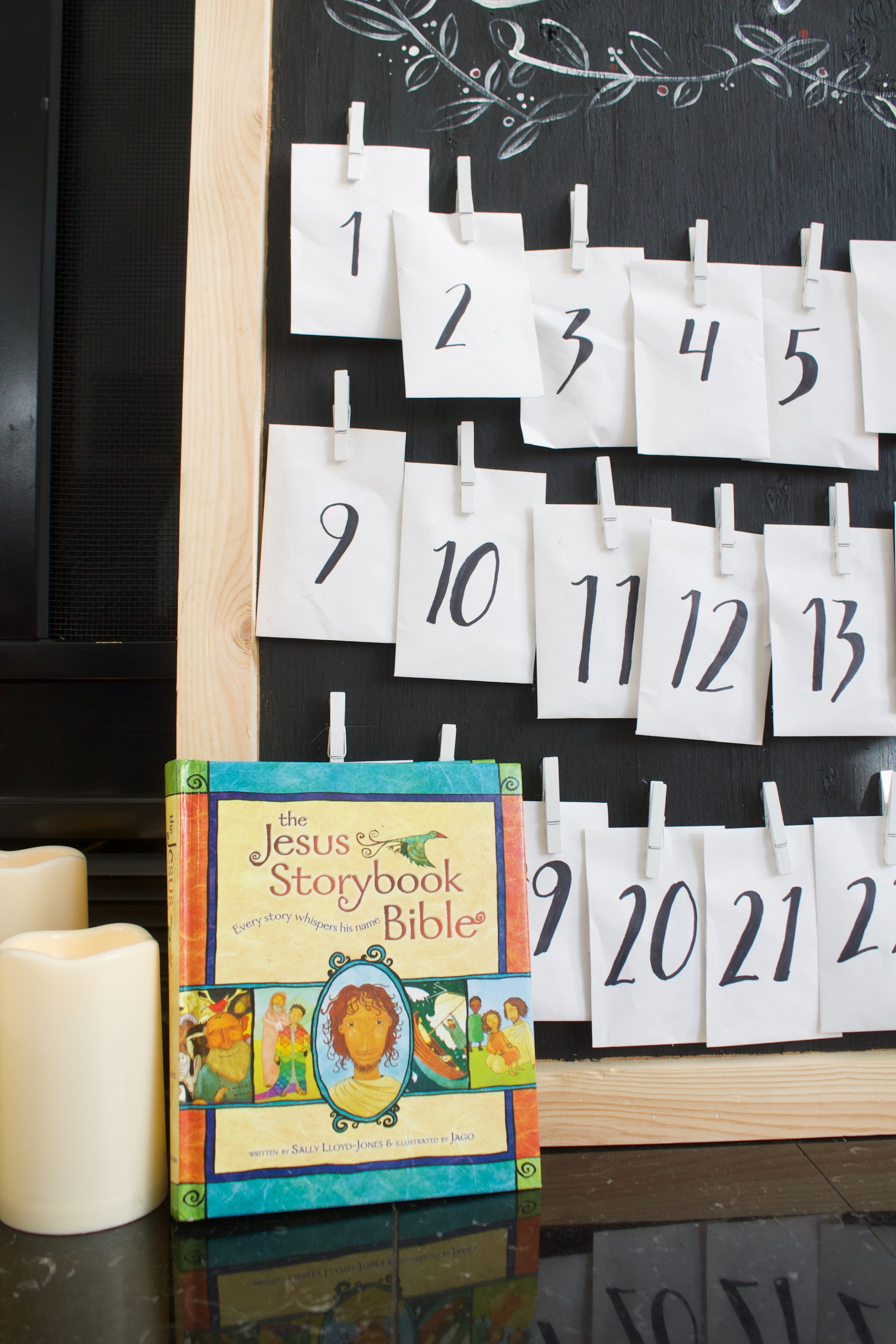 Close up of the envelopes on the DIY advent calendar.