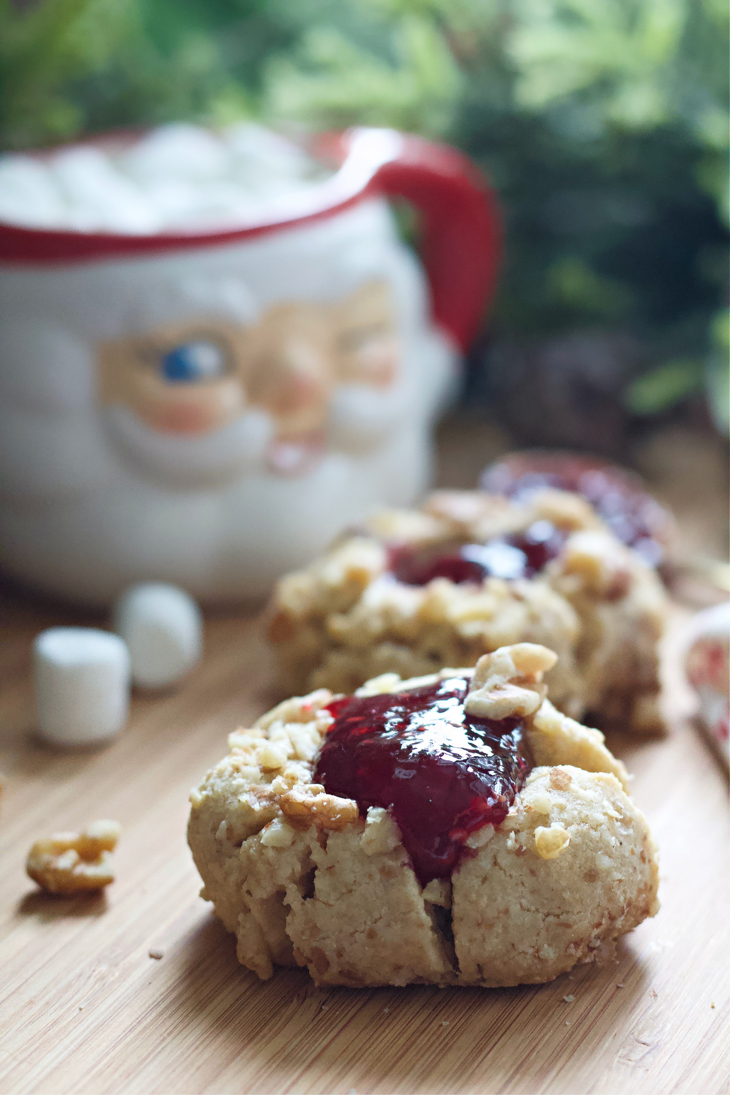 Thumbprint cookies on counter ready for serving.