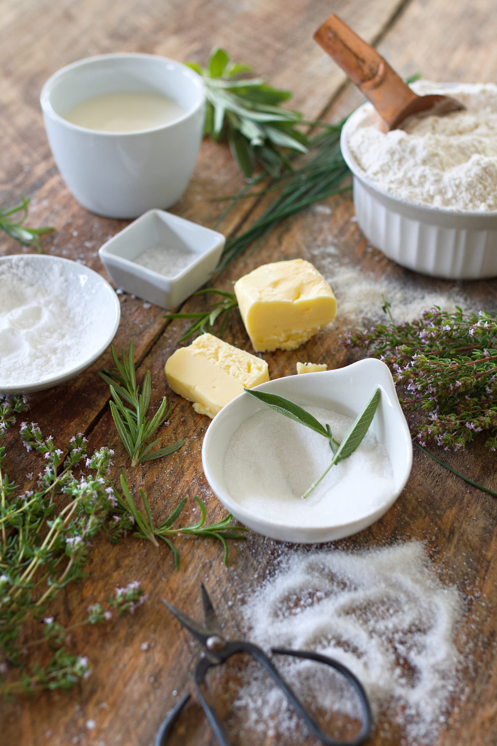 Ingredients for biscuits sitting on counter.