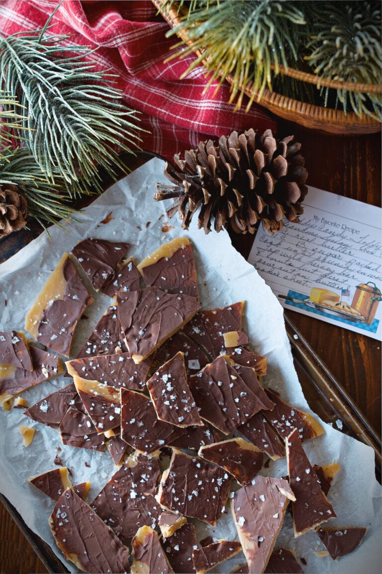 toffee in parchment paper on the counter.