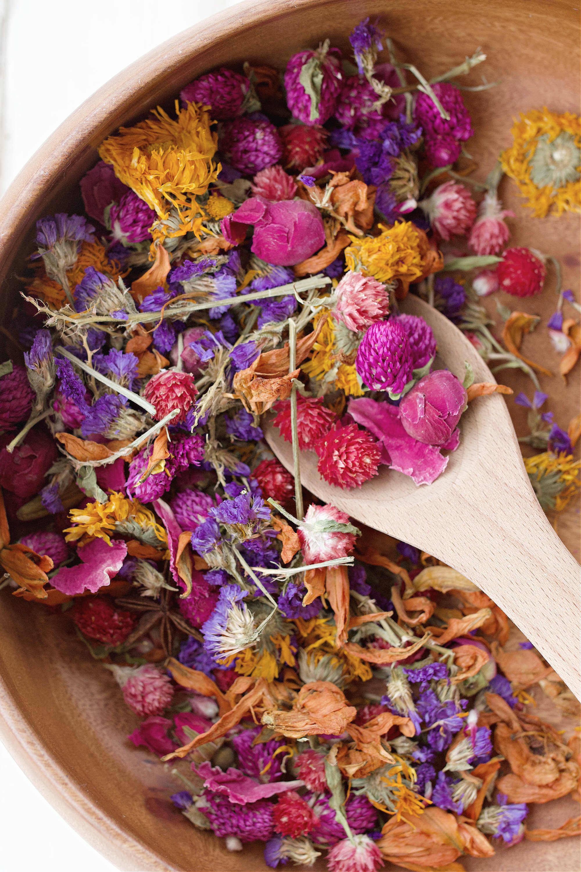 bowl of dried florals. 