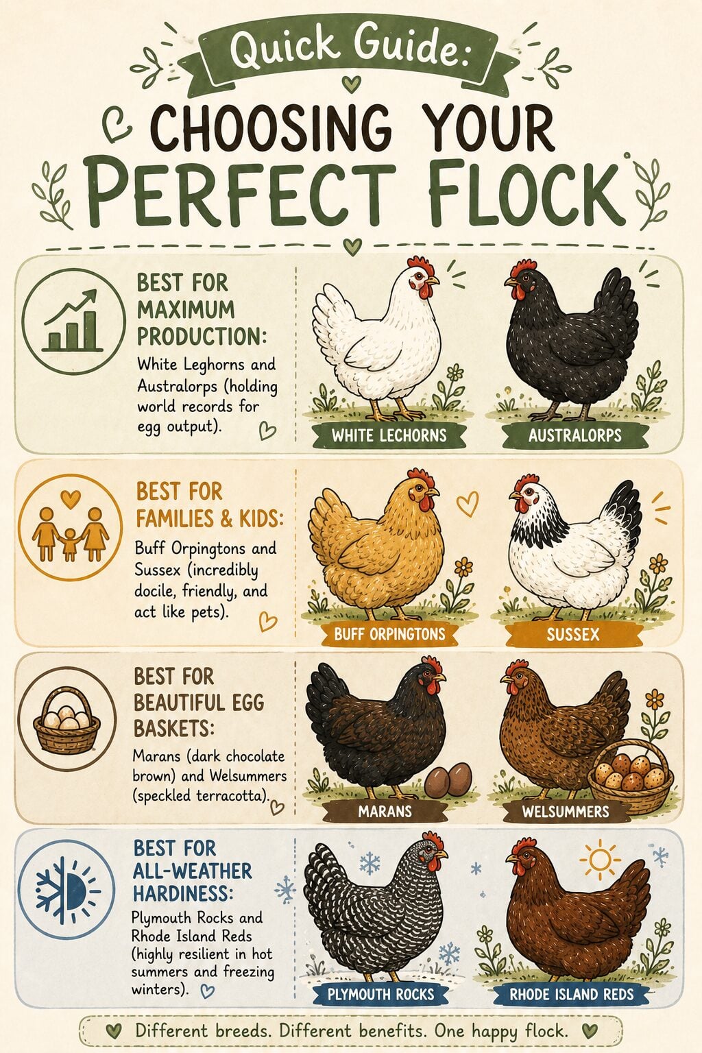 Illustrated quick guide comparing the best egg-laying chicken breeds, including White Leghorns, Australorps, Buff Orpingtons, Sussex, Marans, Welsummers, Plymouth Rocks, and Rhode Island Reds, organized by egg production, temperament, egg color, and hardiness.
