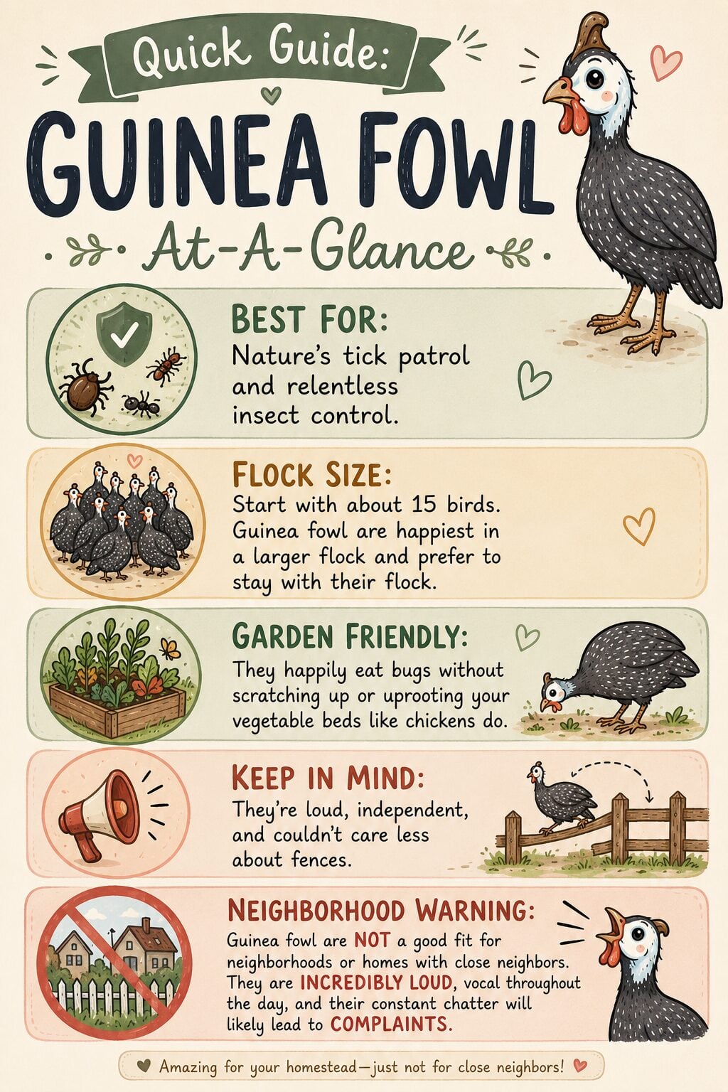 Illustrated guinea fowl infographic showing the benefits and drawbacks of raising guinea fowl, including natural tick control, recommended flock size, garden-friendly behavior, loud personalities, and why they are not suitable for neighborhoods with nearby homes.