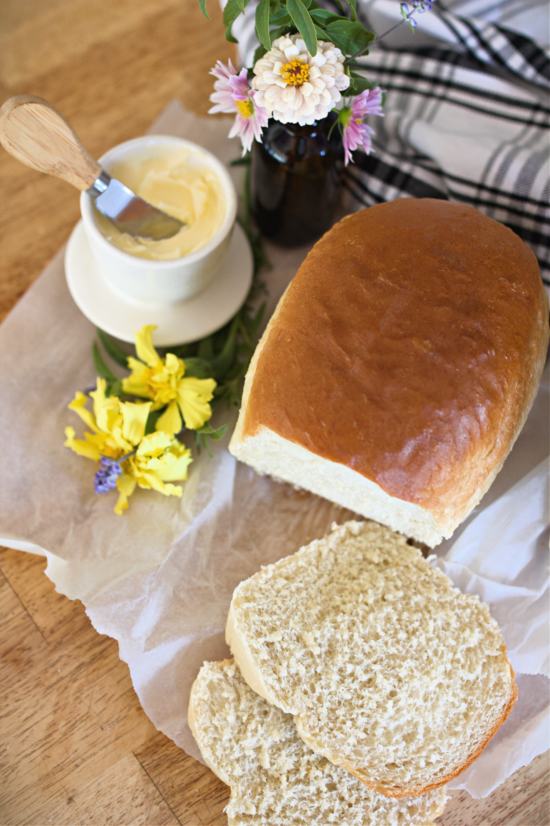 Sandwich bread sliced on counter ready to serve.