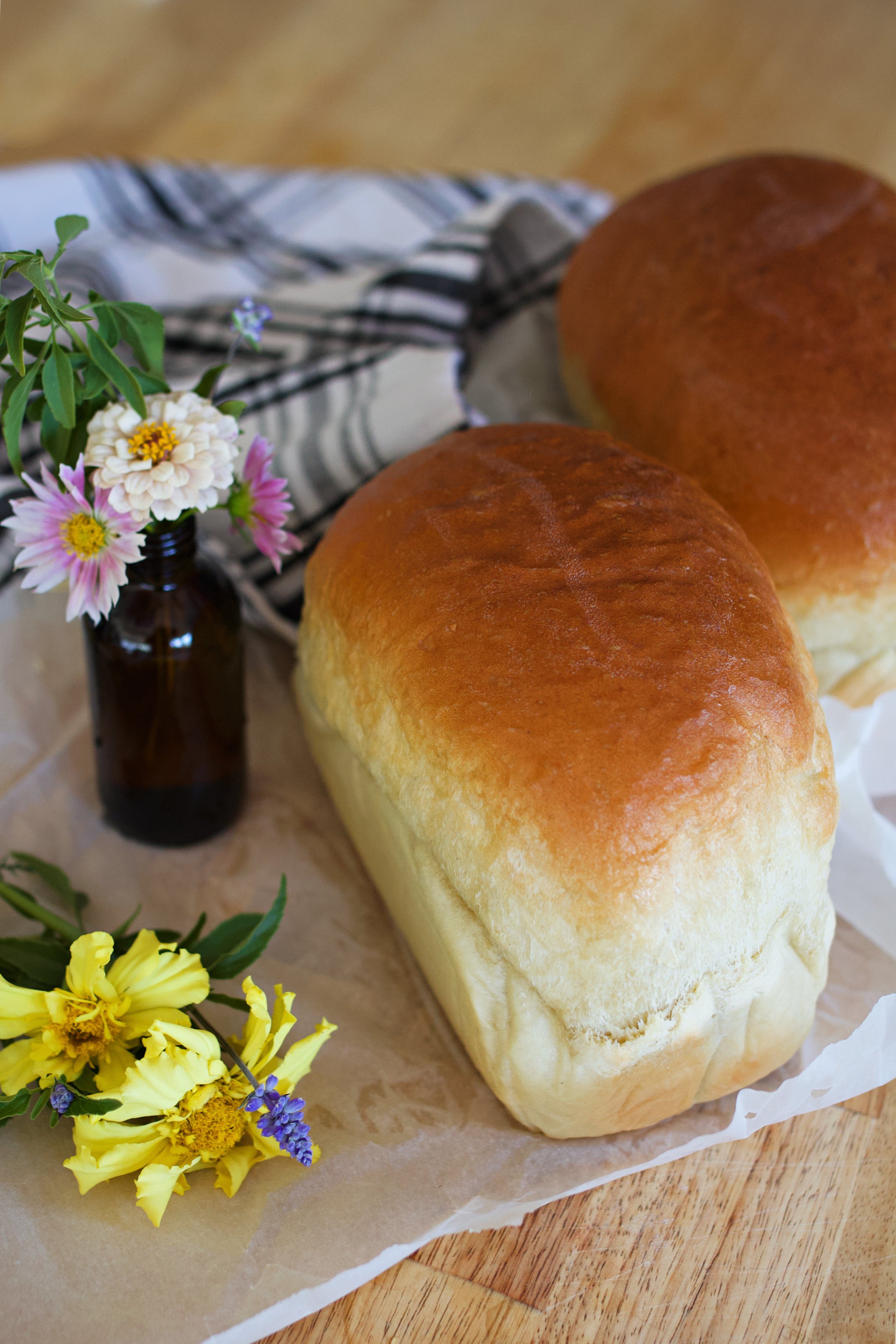 Sandwich bread on counter ready to slice.