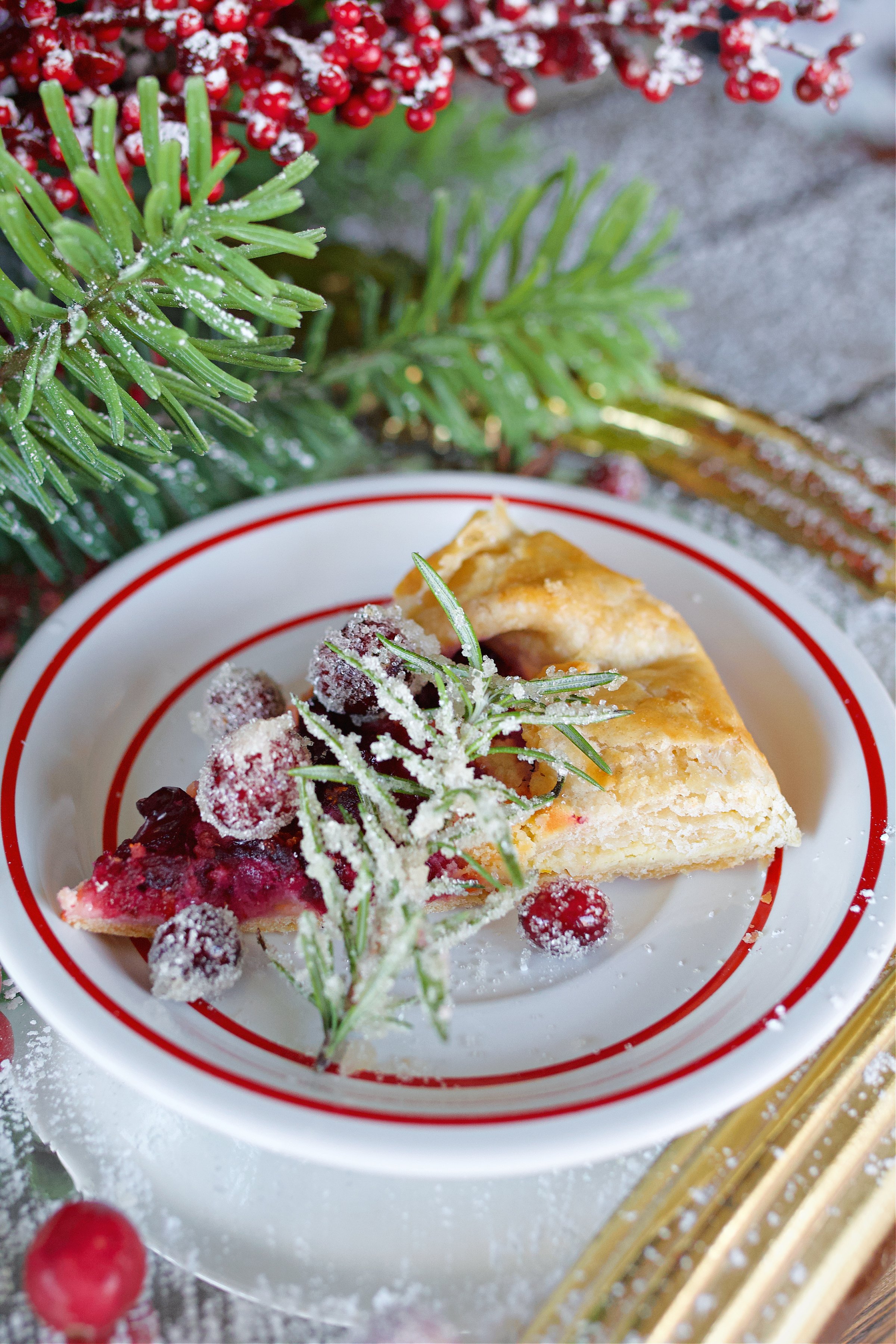 Slice of cheesecake galette on plate garnished with sugared cranberries and rosemary. 