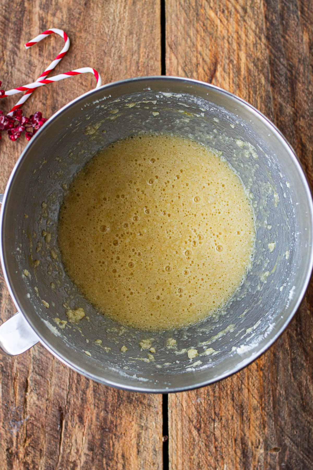 Mixed eggs and vanilla and sugar and butter in mixer ready to add flour, salt, and baking powder. 