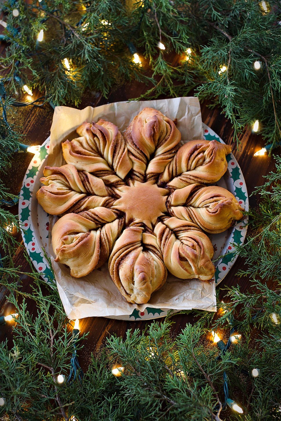 Christmas star bread cooked on counter before dusting with powdered sugar.