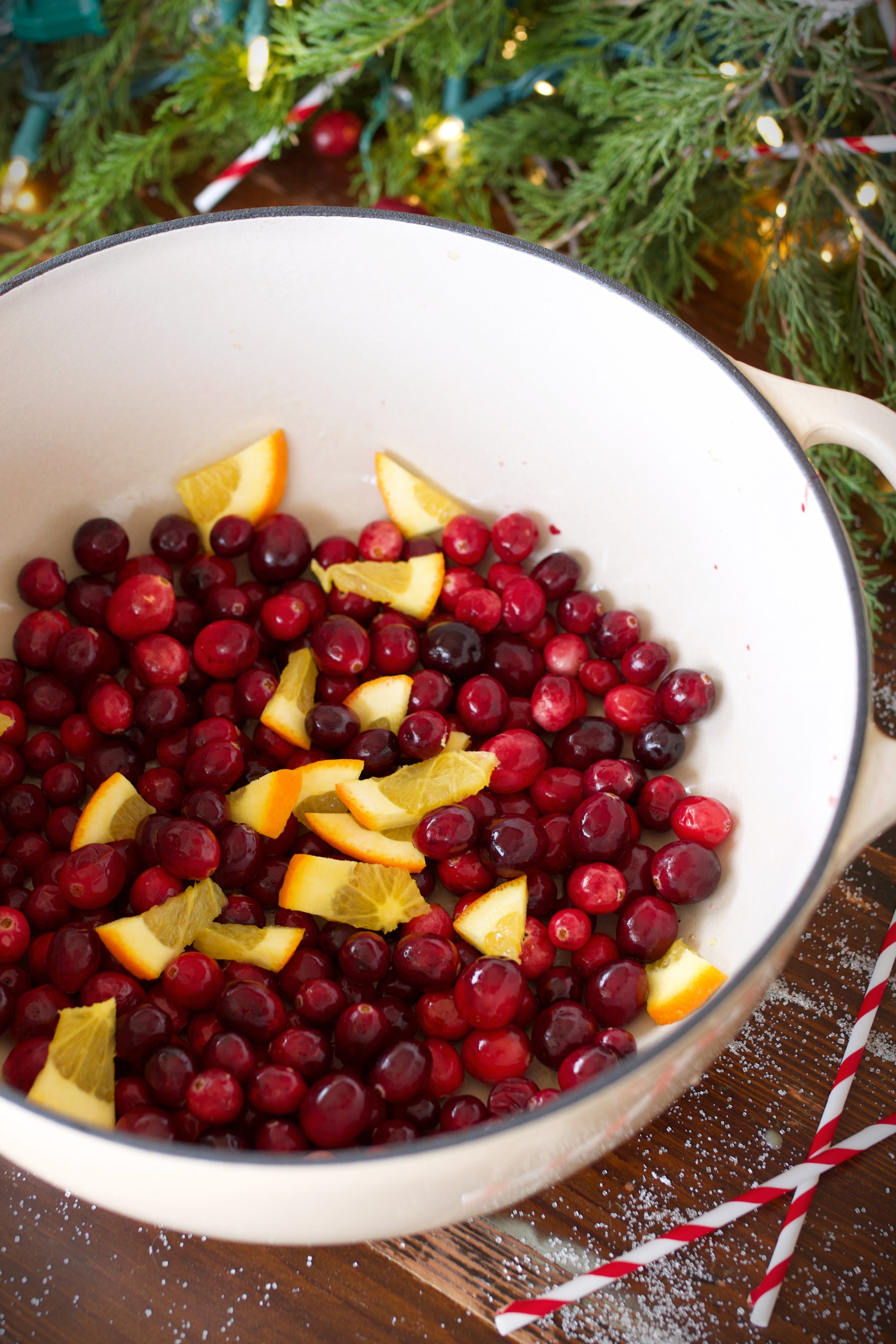 spiced cranberry jam ingredients in large stockpot.