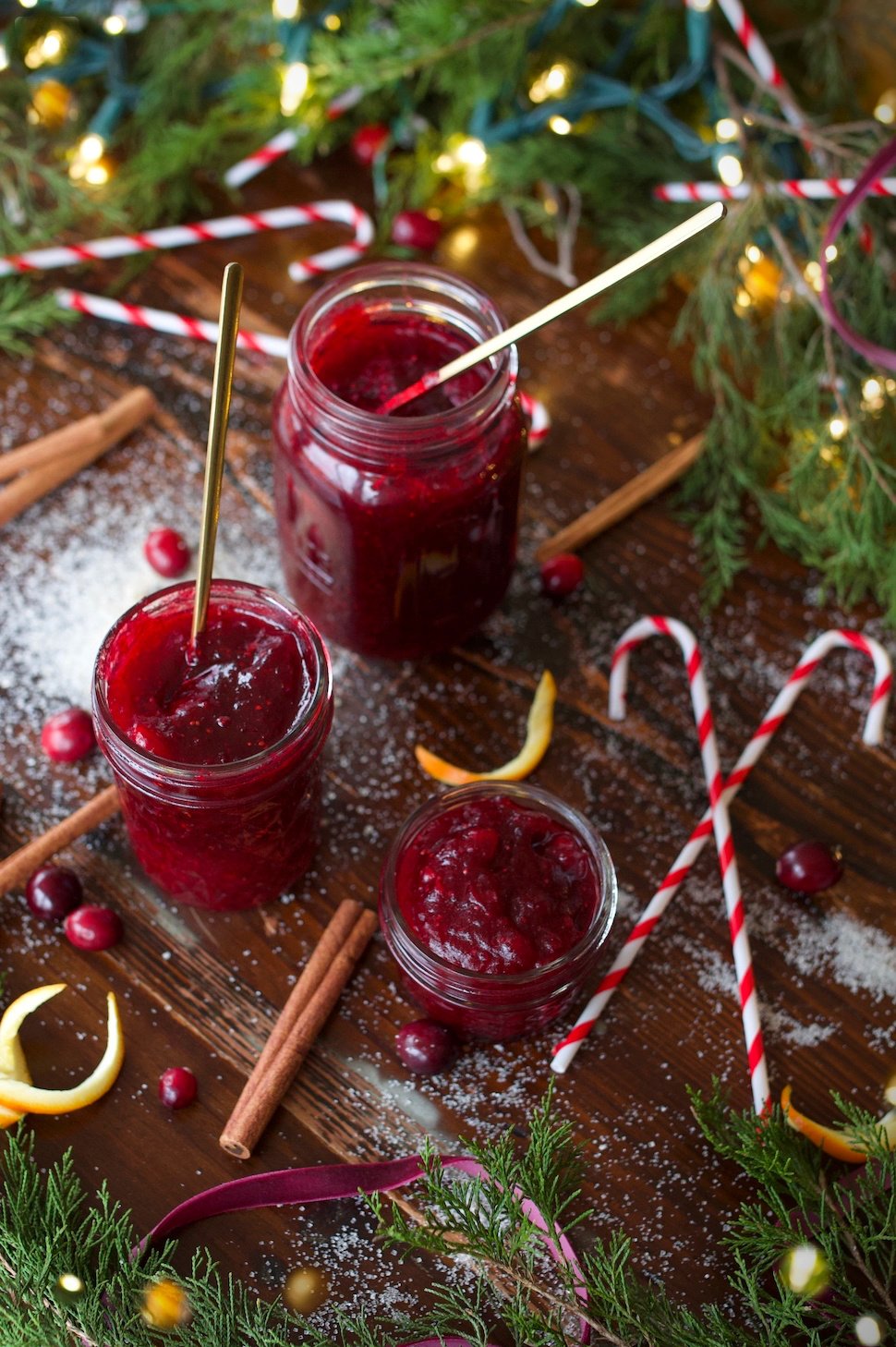 spiced cranberry jam in jars on farmhouse counter