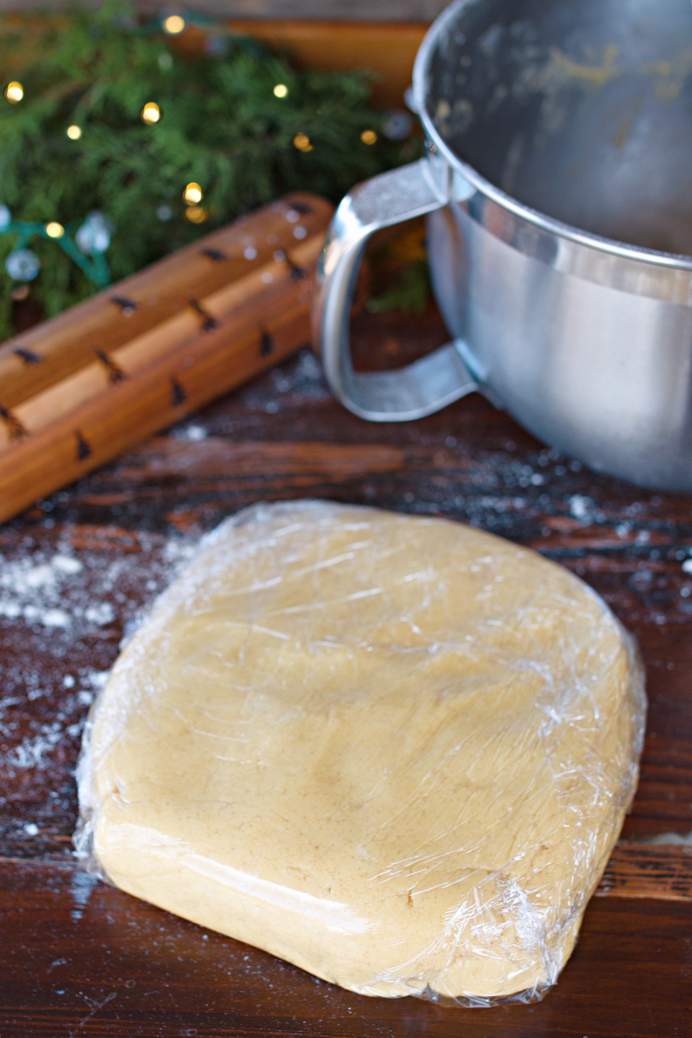 Dough wrapped in plastic wrap ready to chill in the fridge.