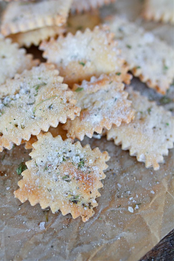 close up of the crackers and ranch mix on them.