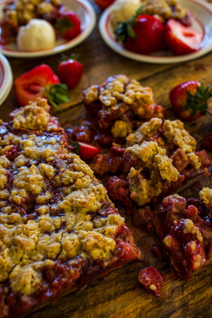cut up strawberry rhubarb crisp.