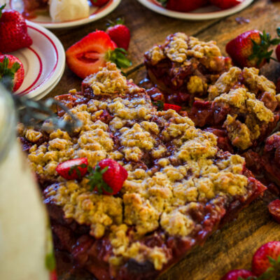 cut up strawberry rhubarb crisp.