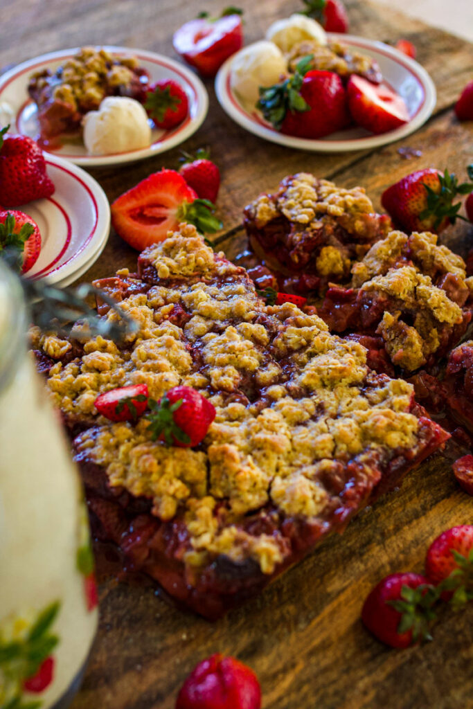 cut up strawberry rhubarb crisp.