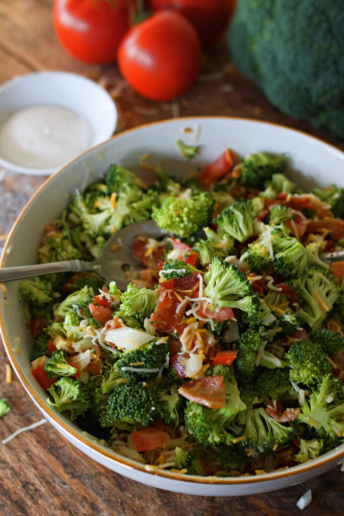 mixed broccoli salad on counter
