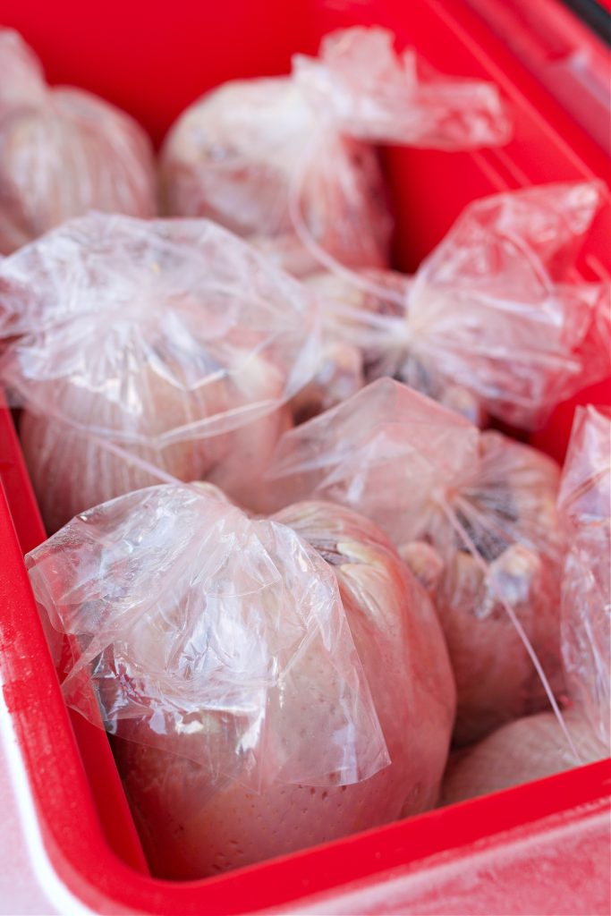 whole chickens shrink-wrapped in an iced cooler.