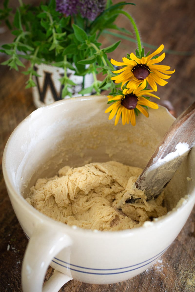 ingredients in bowl for sourdough flatbread.