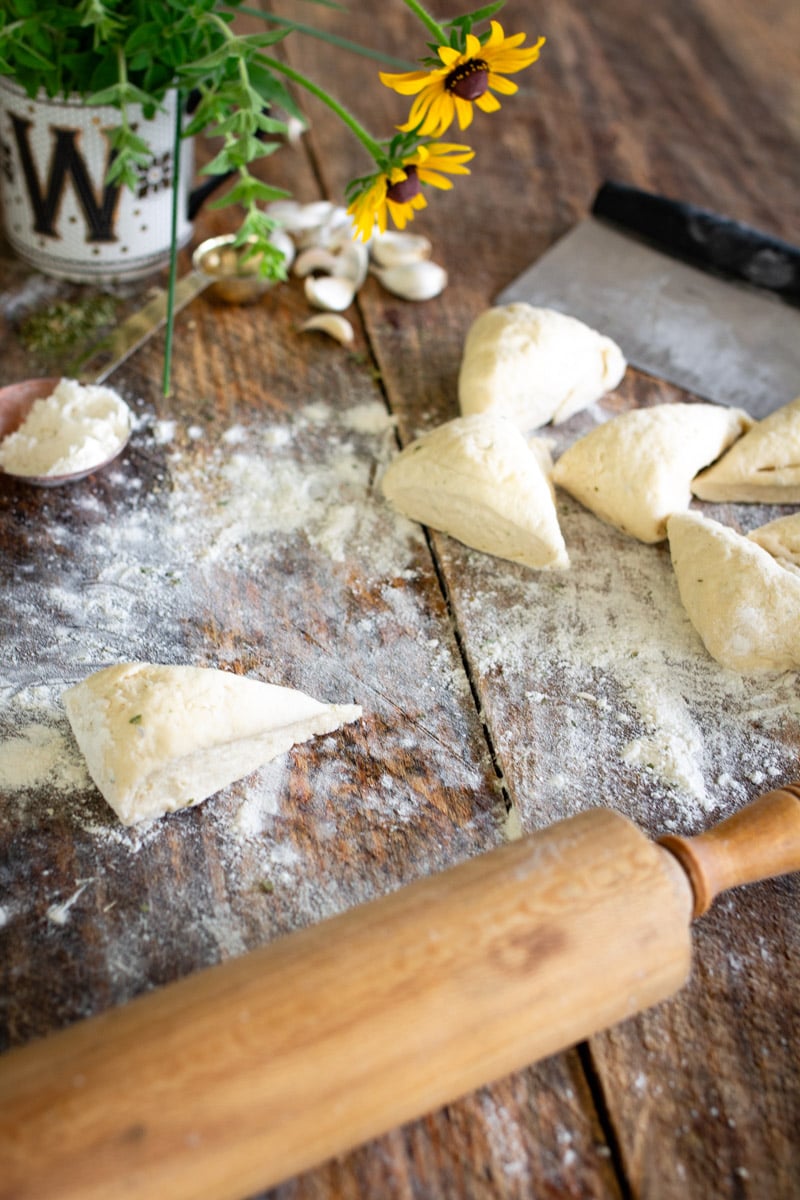 Dough cut up into sections to be rolled out into flatbread.