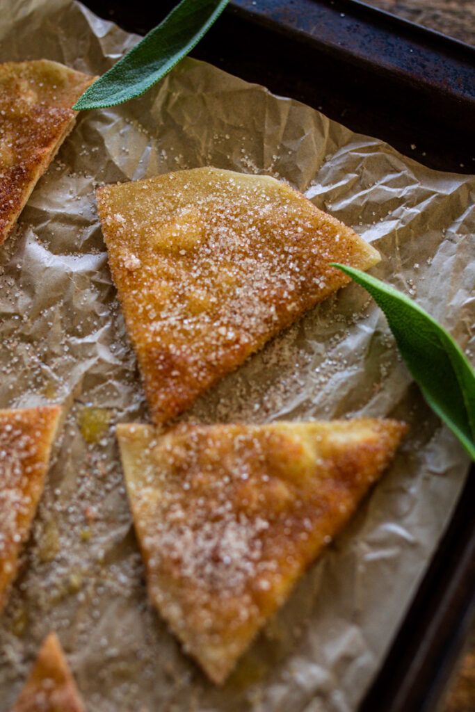 close up of baked sugar cinnamon chips.