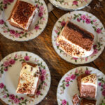 slices of Mississippi mud pie on counter ready for serving.