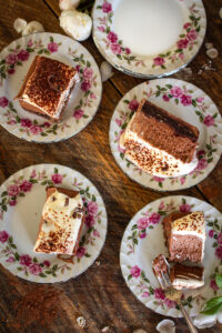 slices of Mississippi mud pie on counter ready for serving.