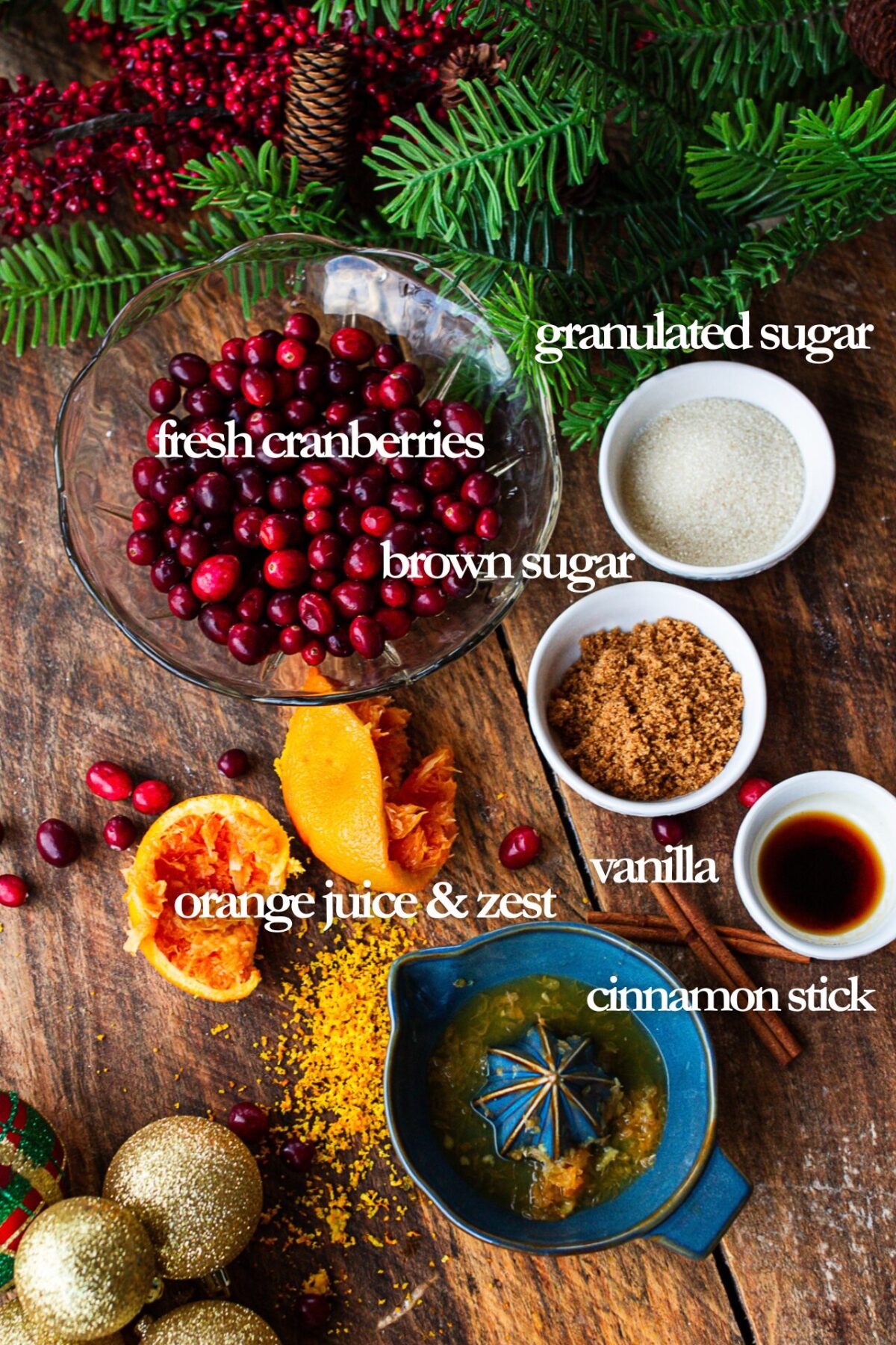 ingredients on counter with script overlay stating what each one is: orange juice & zest, vanilla, cinnamon stick, brown sugar, granulated sugar, fresh cranberries.