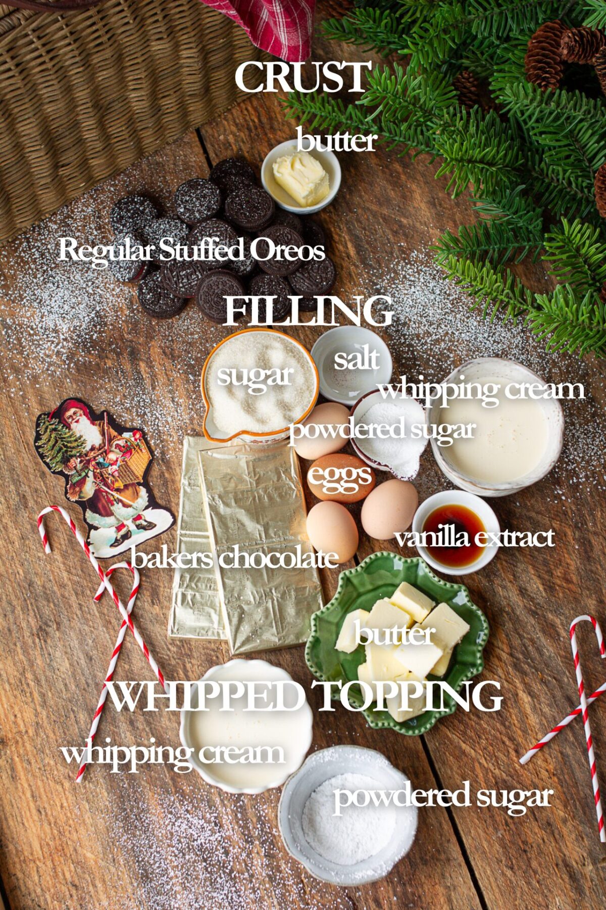 Ingredients for crust, pie filling, and whipped topping on counter. Butter, Oreos, sugar, powdered sugar, vanilla, eggs, salt, bakers chocolate bars, and whipping cream.