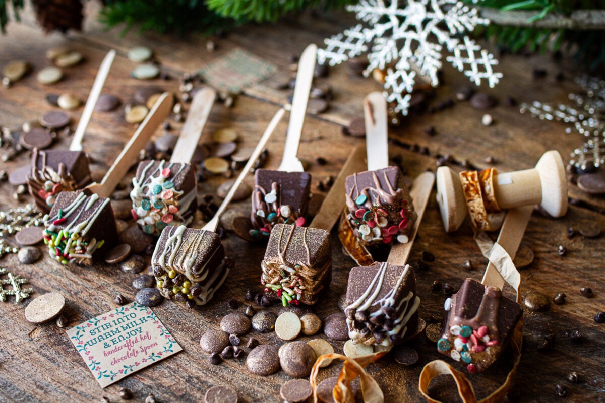 Chocolate spoons on counter ready for gifting.