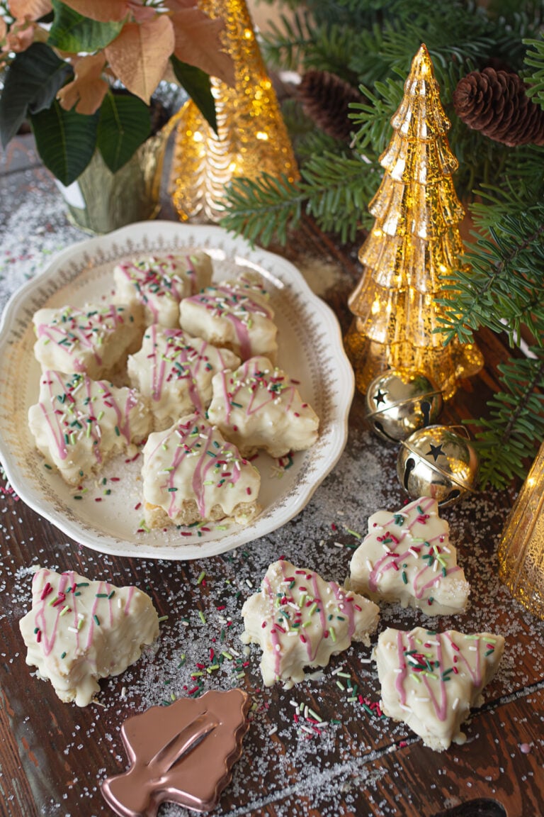 Christmas tree takes on serving dish and counter ready to serve.