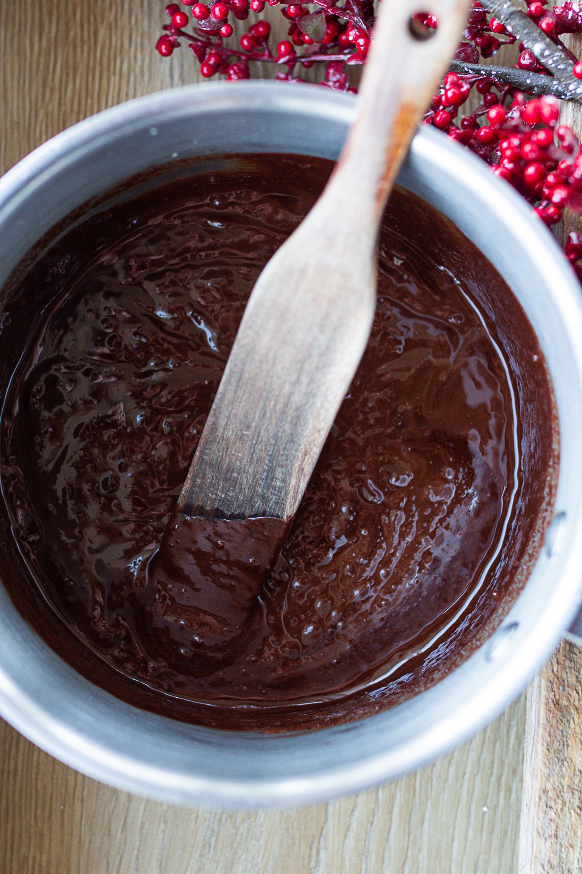 Melted butter and chocolate in saucepan. 