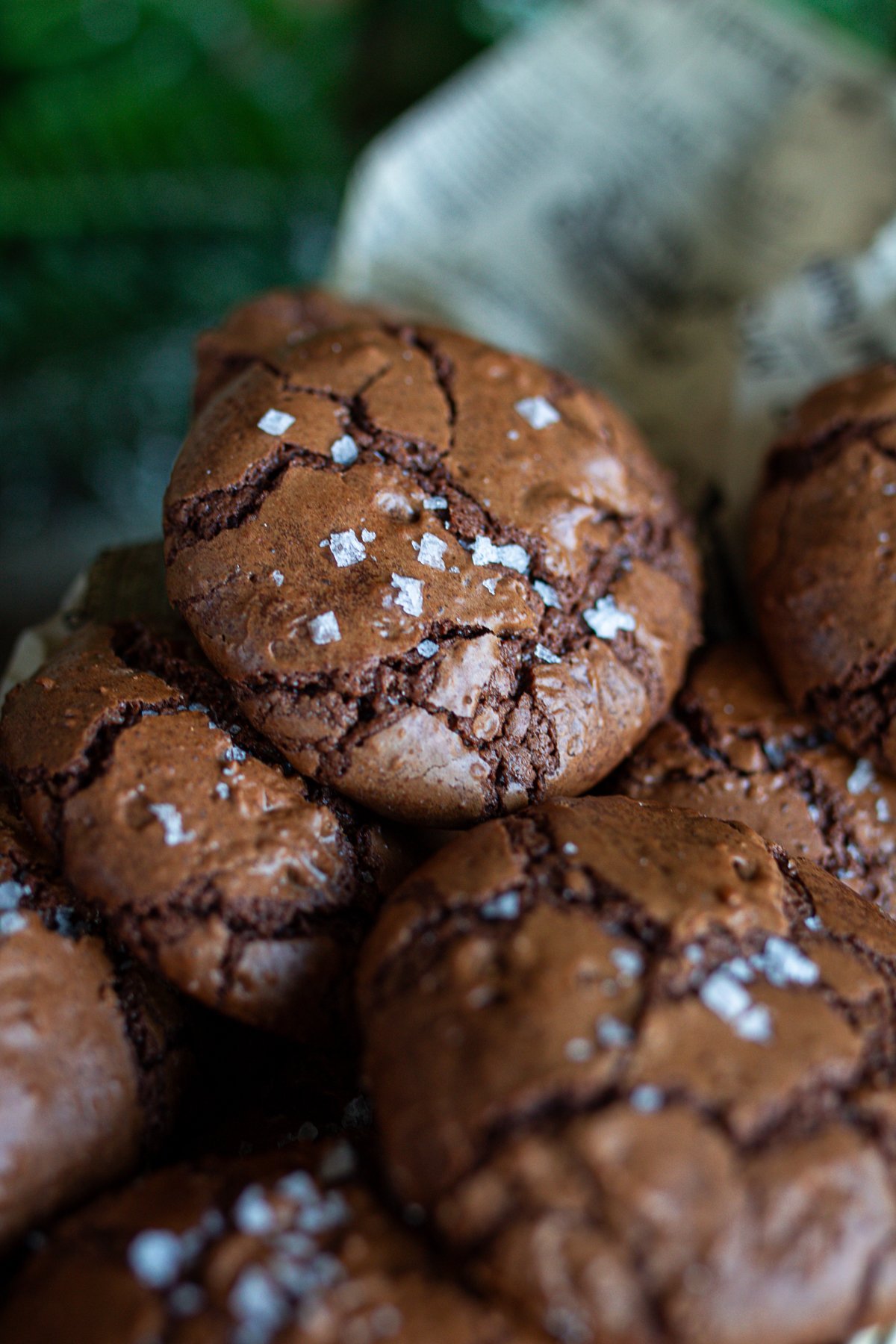 Close up of the brownie cookies with sea salt over the tops ready to enjoy on counter. 