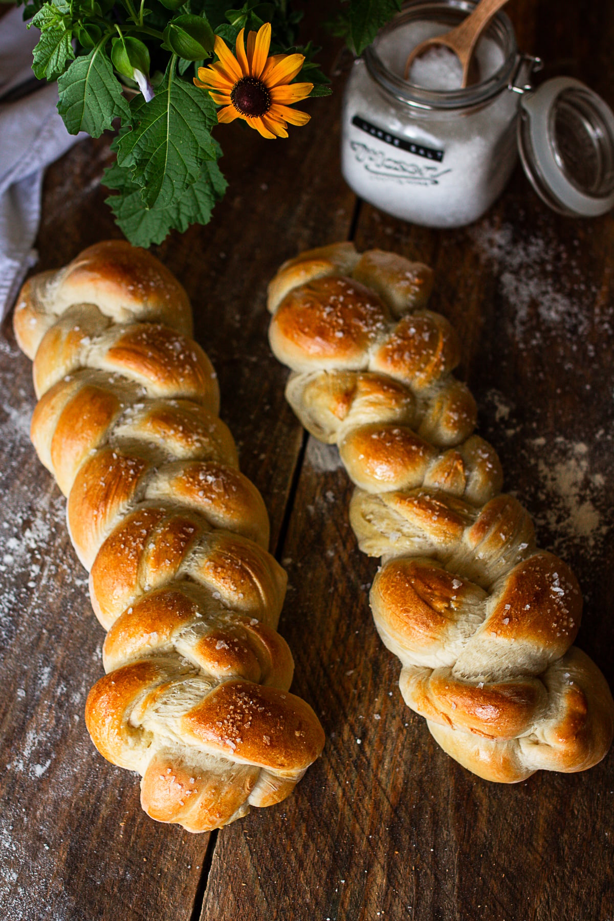 An overhead shot of two baked, golden-brown braided French bread loaves topped with coarse sea salt on a wooden counter.
