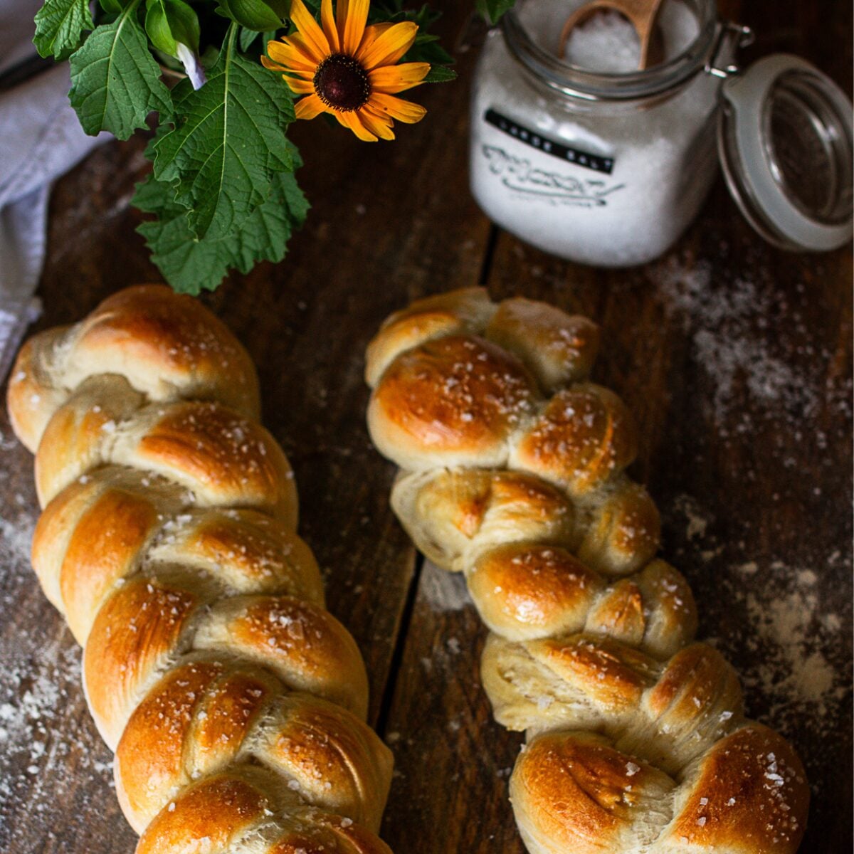 An overhead shot of two baked, golden-brown braided French bread loaves topped with coarse sea salt on a wooden counter.