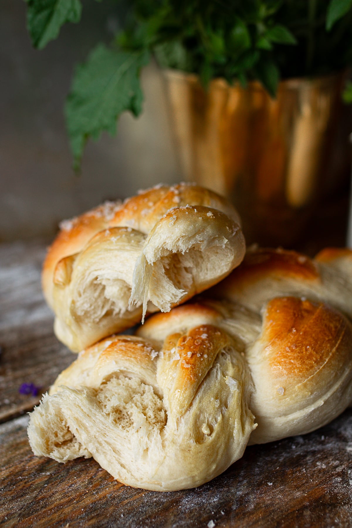 A close-up shot of baked, golden-brown braided French bread torn open to show the soft, fluffy interior crumb texture on a wooden table.
