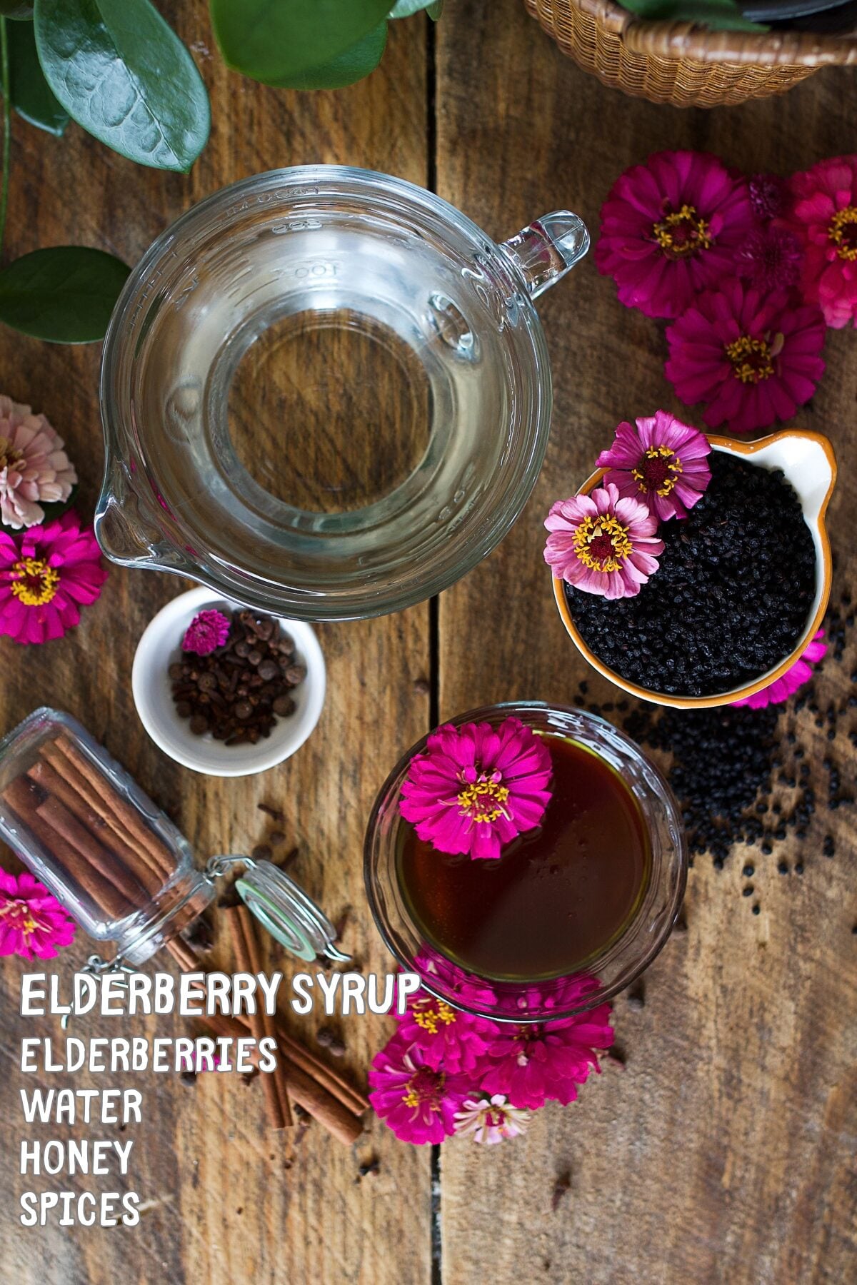 Elderberry ingredients on counter: elderberries, honey, water, and spices.