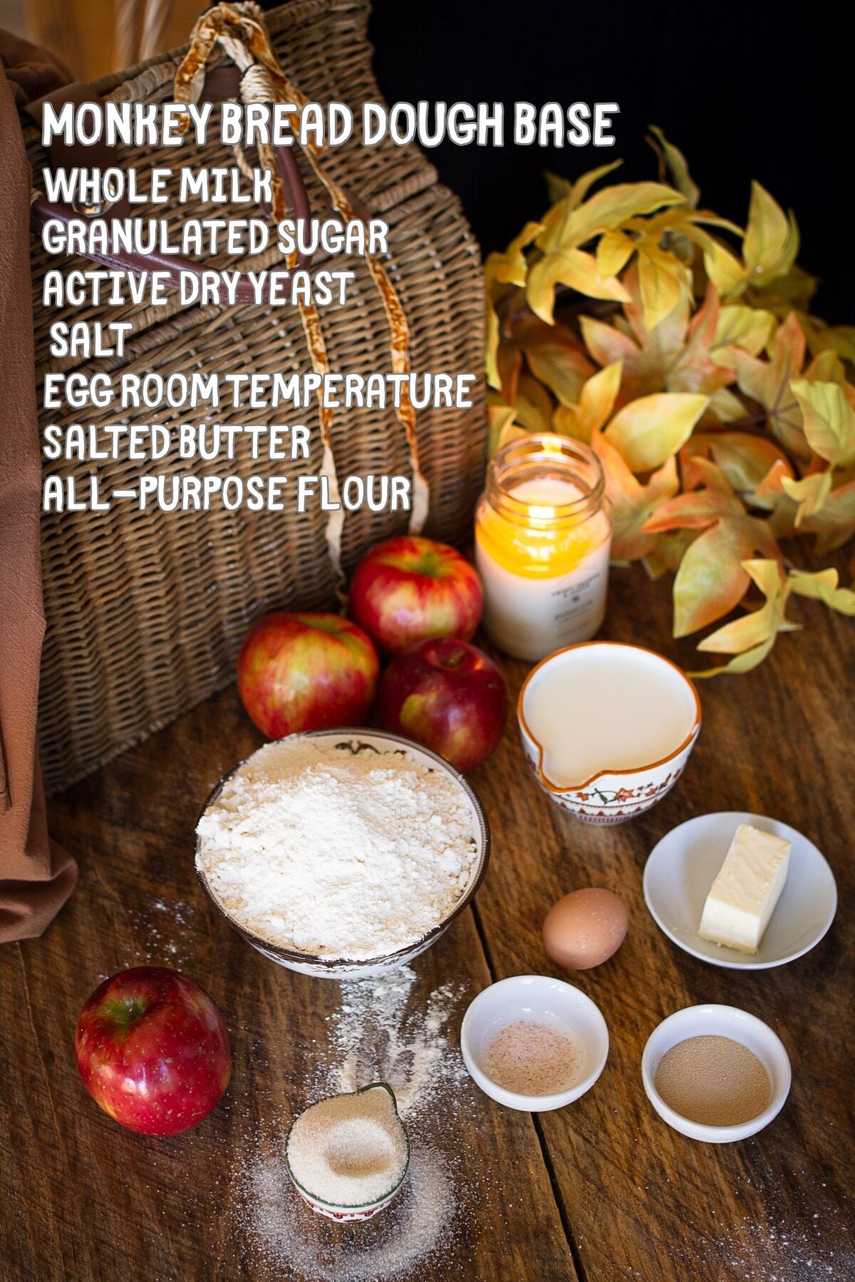 Dough ingredients on counter with listed ingredient word overlay.