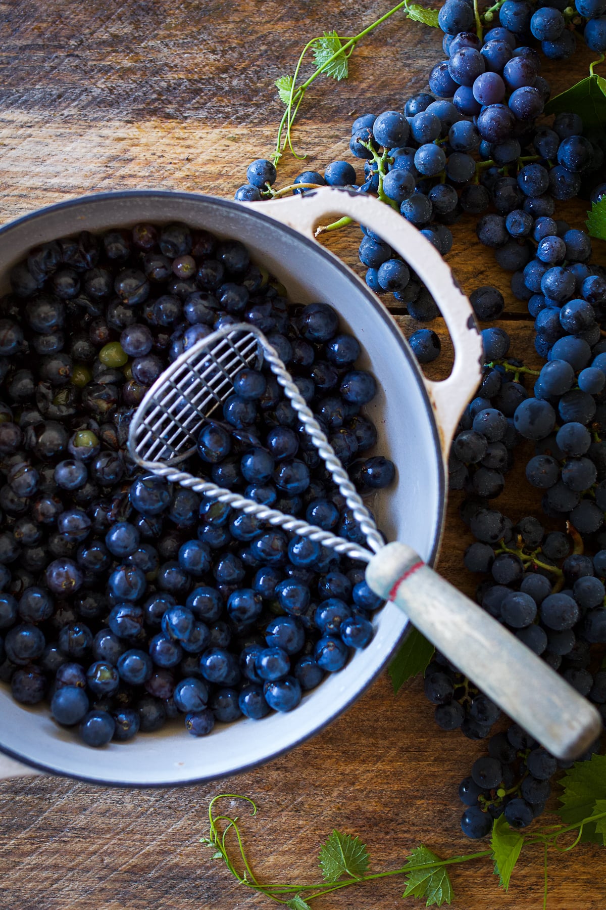 Fresh Concord grapes in an enamel pot with a potato masher before making homemade grape jelly