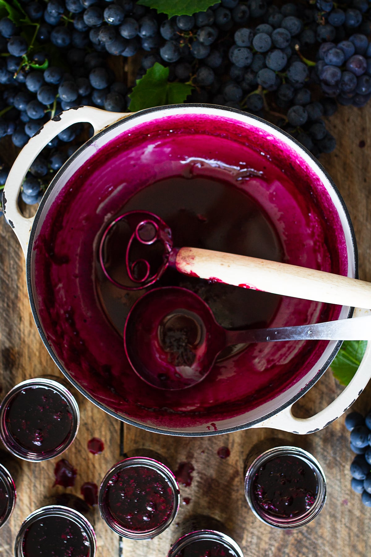 Freshly cooked Concord grape jelly being ladled into small glass canning jars